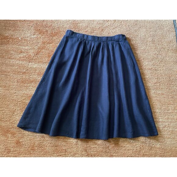 St Tropez West 100% Linen A-Line Midi Skirt Navy Blue Size M with Pockets - Picture 1 of 9